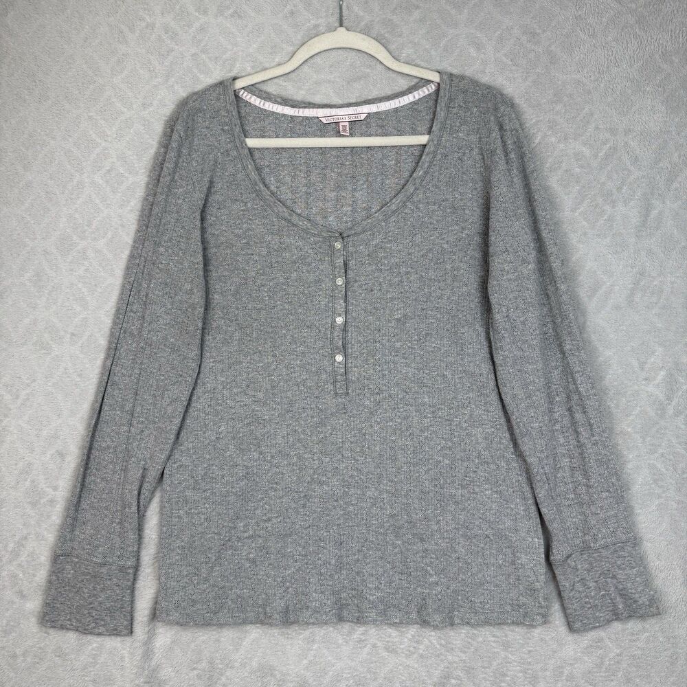 Victoria's Secret Henley Top XL Gray Silver Sparkle Pointelle Thermal Bella Swan